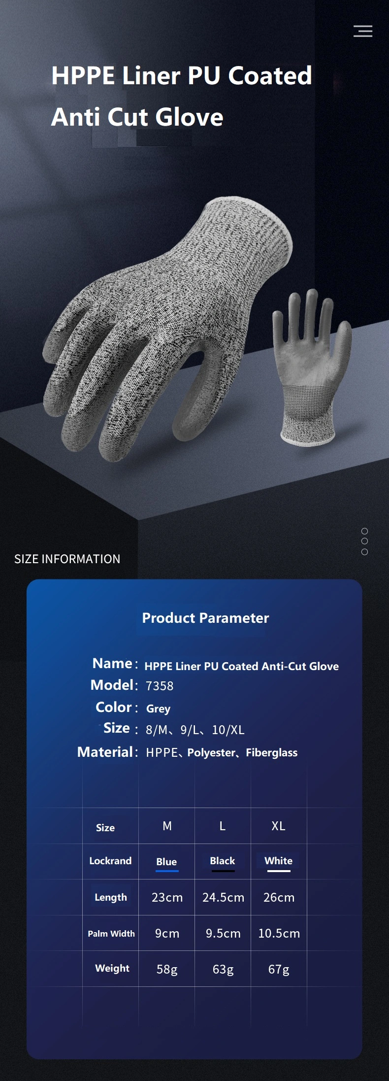 CE 13G Anti-Cut Level 5 Grey Hppe Liner PU Coated Safety Work Gloves